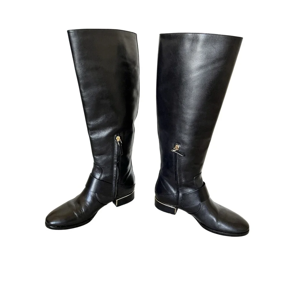 Tory Burch Sofia Tall Riding Boots Black Leather Gold Buckle Accent Size 6.5 EUC